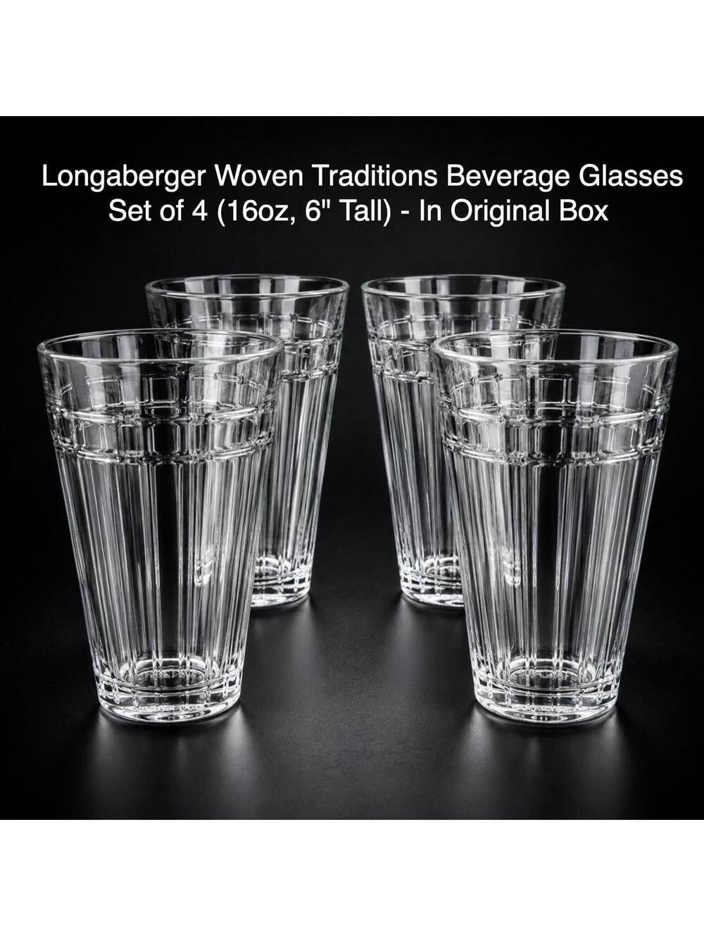 Longaberger Basket Weave Clear Tumblers Set of 4 USA Glasses, 16 oz / 6"- 101